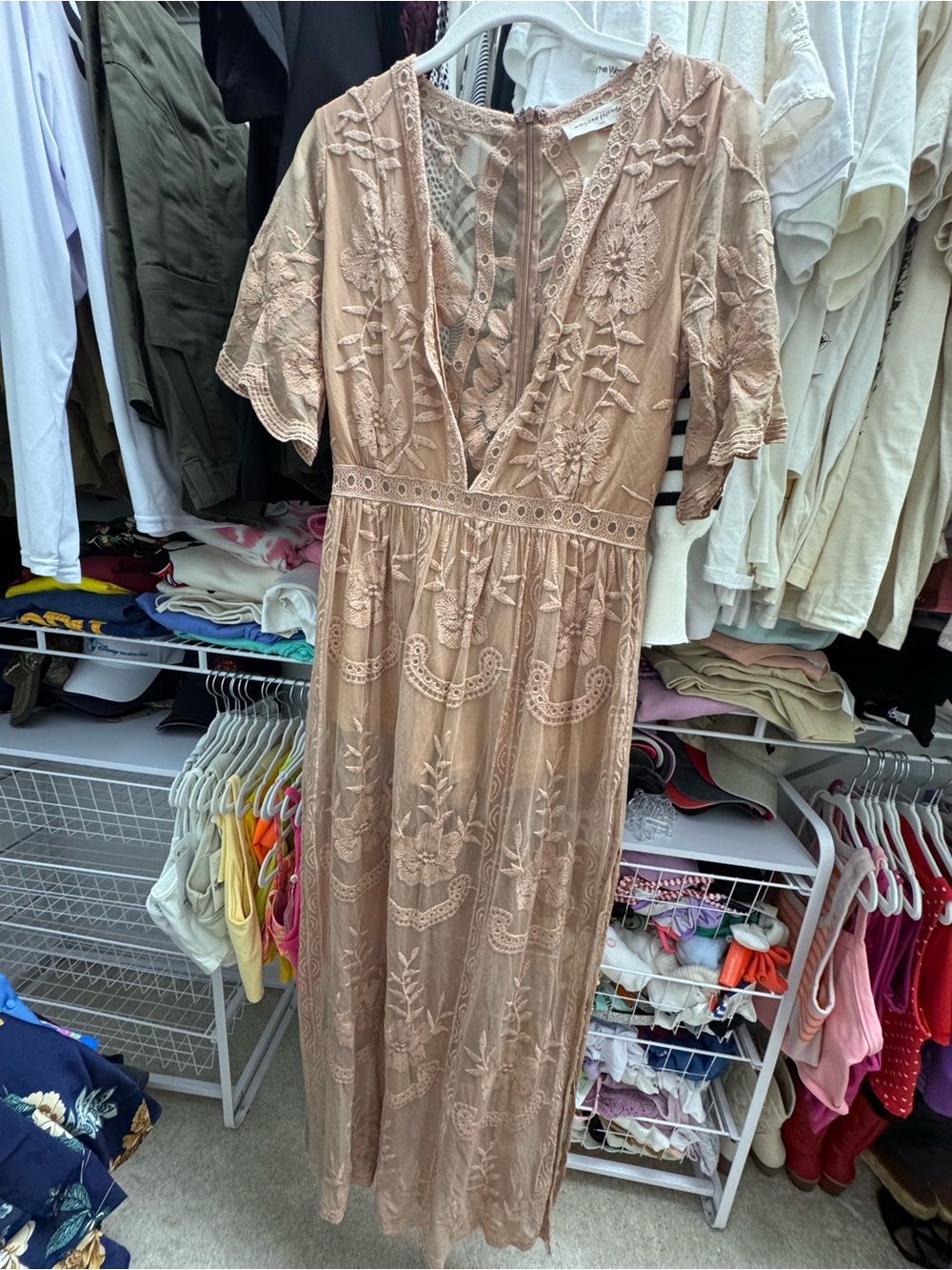 American Threads Blush Lace Maxi Dress with Embroidered Detail